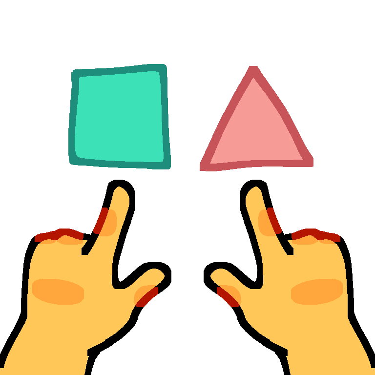 emoji yellow hands, pointing to a gren square and a red triangle.